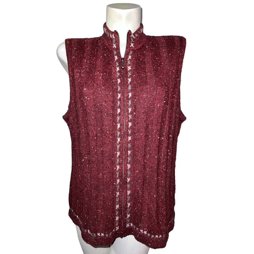 Woolrich Womens XL Burgundy Red Full Zip Ribbed Knit Mock‎ Neck Sweater Vest